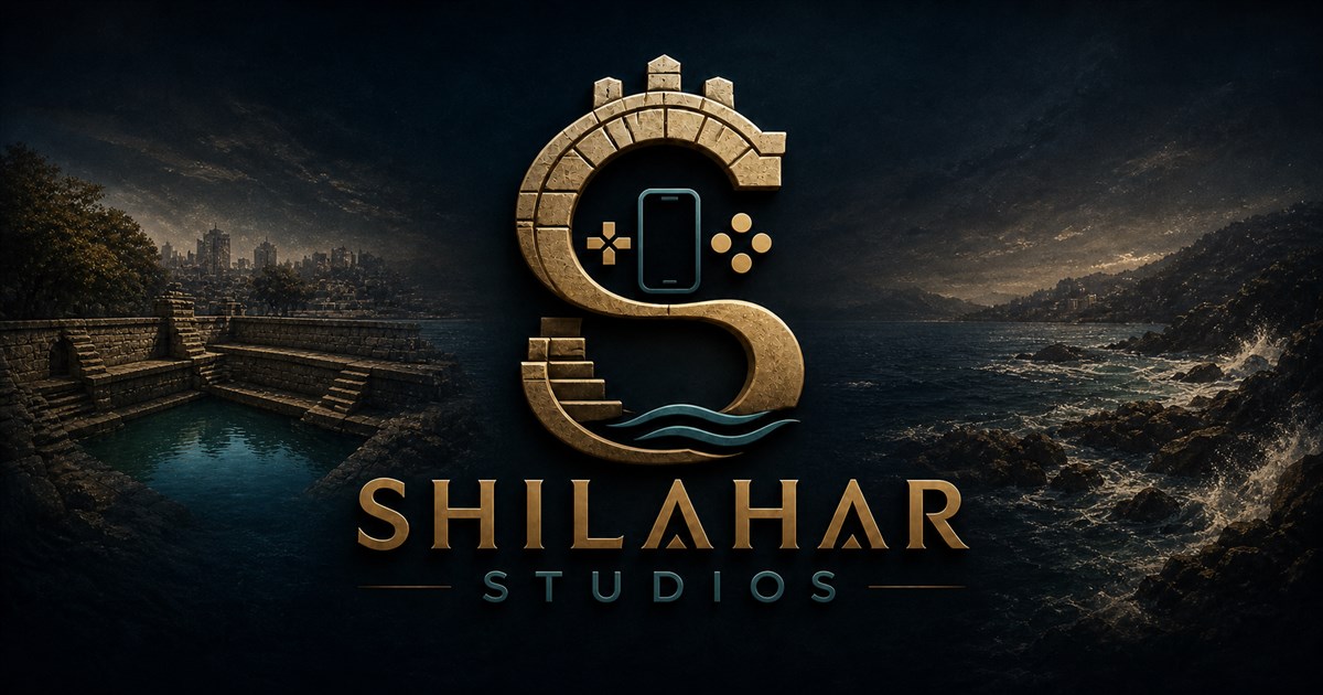 Shilahar Studios stone-inspired emblem framed by coastal architecture and ocean scenery